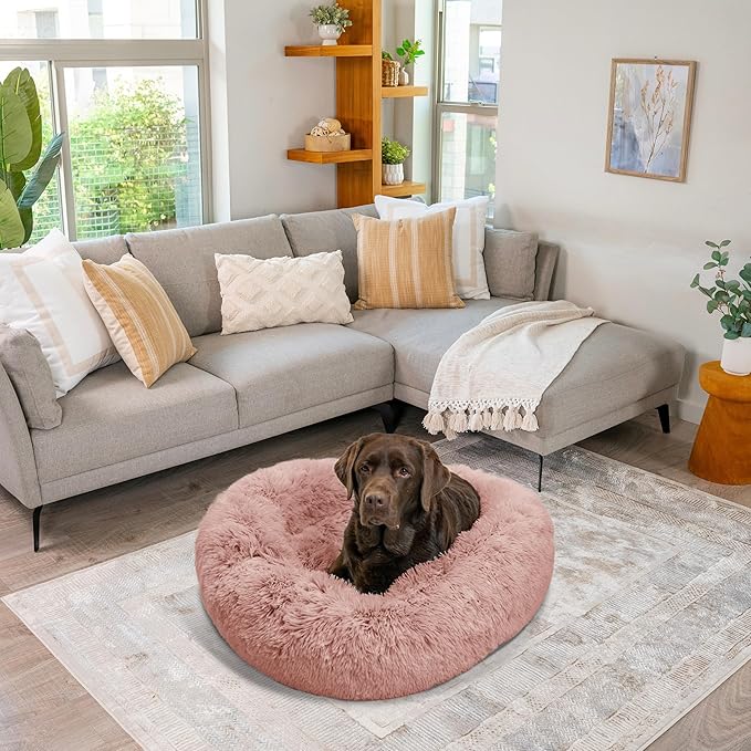 Best Friends by Sheri Original Calming Donut Dog and Cat Bed, Shag Faux Fur, Dusty Rose, (36in x