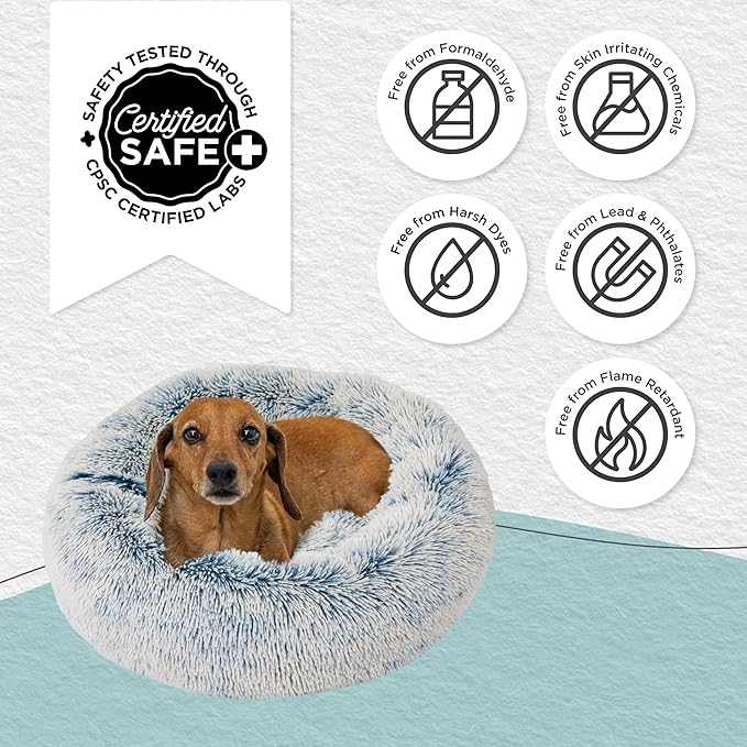 Best Friends by Sheri Original Calming Donut Dog and Cat Bed, Shag Faux Fur, Denim Blue, (23in x