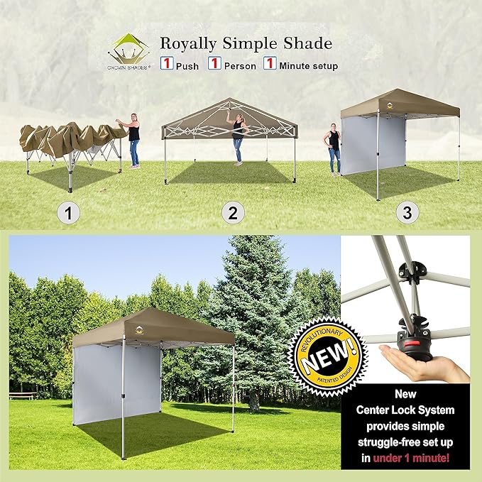 CROWN SHADES 8x8 Pop Up Canopy with 1 Side Wall - Beach Tent with One Push Setup - Outdoor Sun