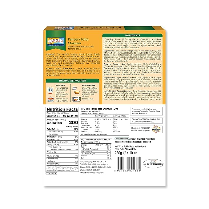 Ashoka Meals 1932, Tofu Curry, Plant-Based Gluten Free Meals, All-Natural, Ready to Heat Paneer