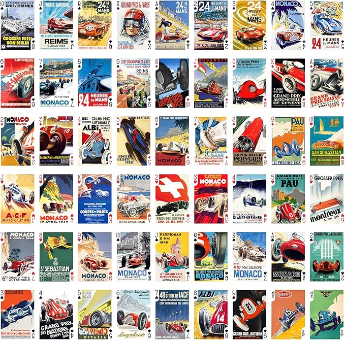 CAR Racing Playing Cards (Poker Deck 54 Cards All Different) Vintage Retro Car Racing Travel Posters
