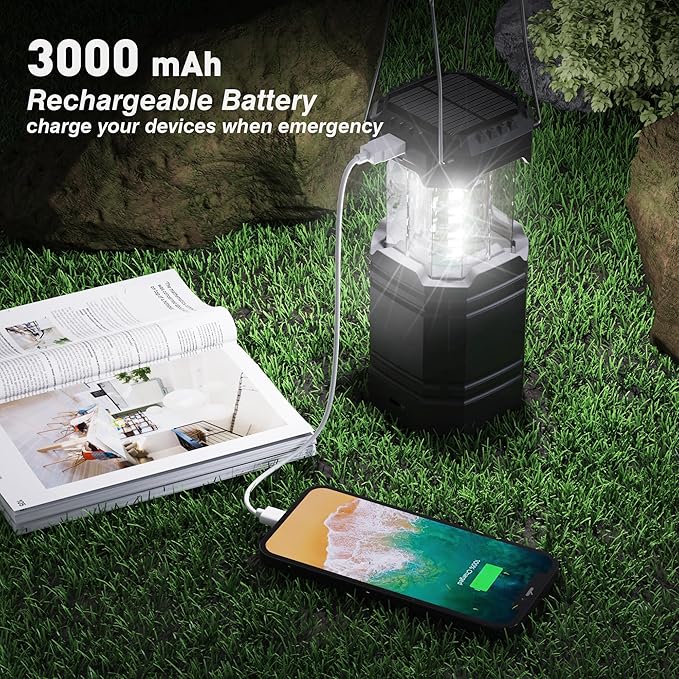 3000mAh Large Capacity Hand Crank Solar Camping Lantern, Portable Ultra Bright LED Torch, 23-26