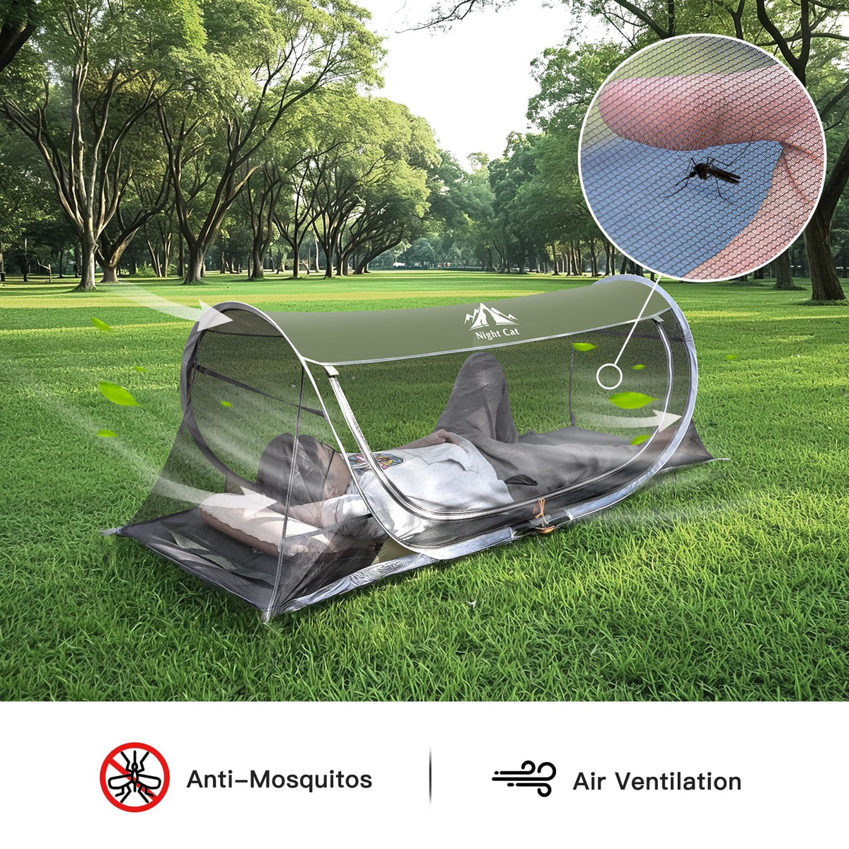 Night Cat Pop-up Mosquito Tent: 1 Person Camping Tent with Bug Screen Net Easy Set-up Tent Fits for