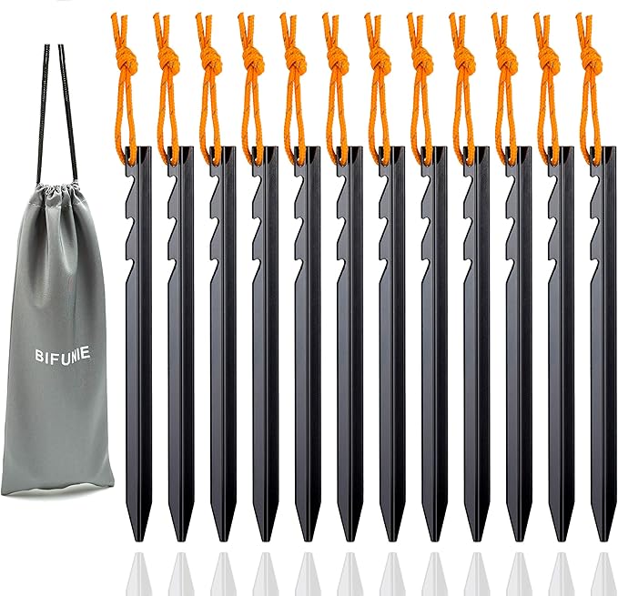 Aluminum Alloy Tent Stakes Pegs, 12-Pack Aluminum Ground Pegs with Reflective Pull Ropes