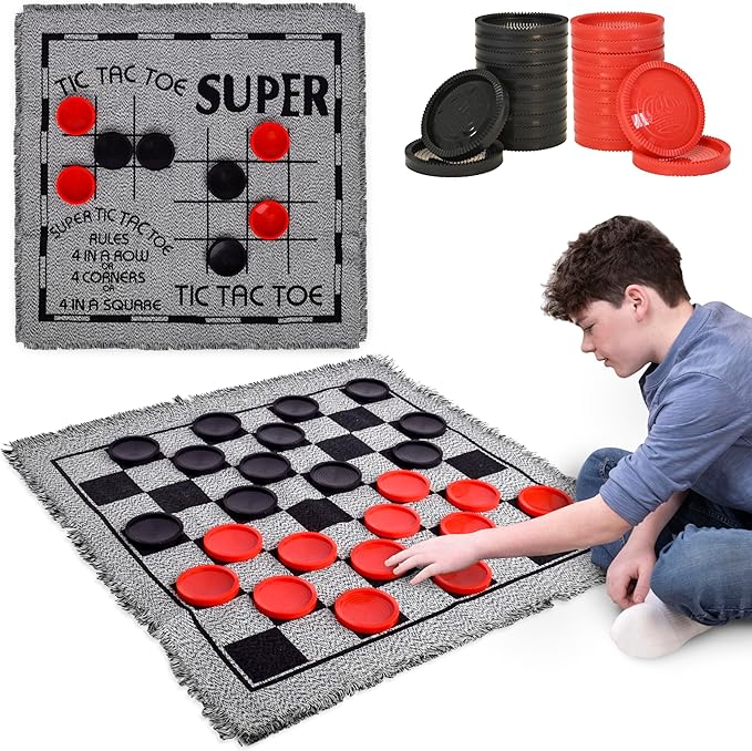 3-in-1 Vintage Giant Checkers Set, Tic Tac Toe with Reversible Mat, 24 Jumbo Chips, Family Board