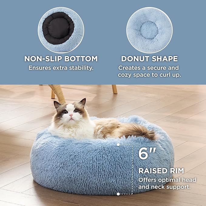 Bedsure Calming Cat Beds for Indoor Cats - Small Washable Round Cat Bed, Anti-Slip Fluffy Plush