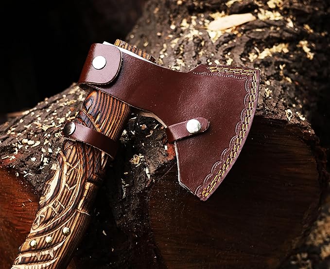 Wazir Crafts Viking Axe |Carbon Steel Engraved Blade with 18″ Wooden Handle & Leather Sheath |