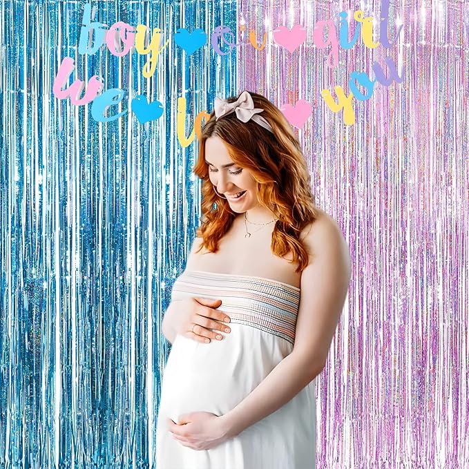 BRAVESHINE Pink Blue Tinsel Foil Fringe Curtains - 2Pcs 3.2x8.2ft Holidays Photo Streamers Backdrop
