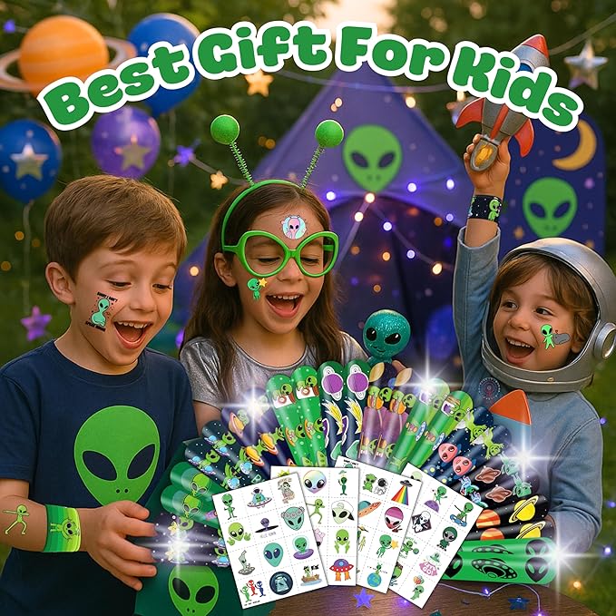 72 PCS Alien Party Favors 48 Tattoos Sticker and 24 Slap Bracelets Wristbands Perfect for Space