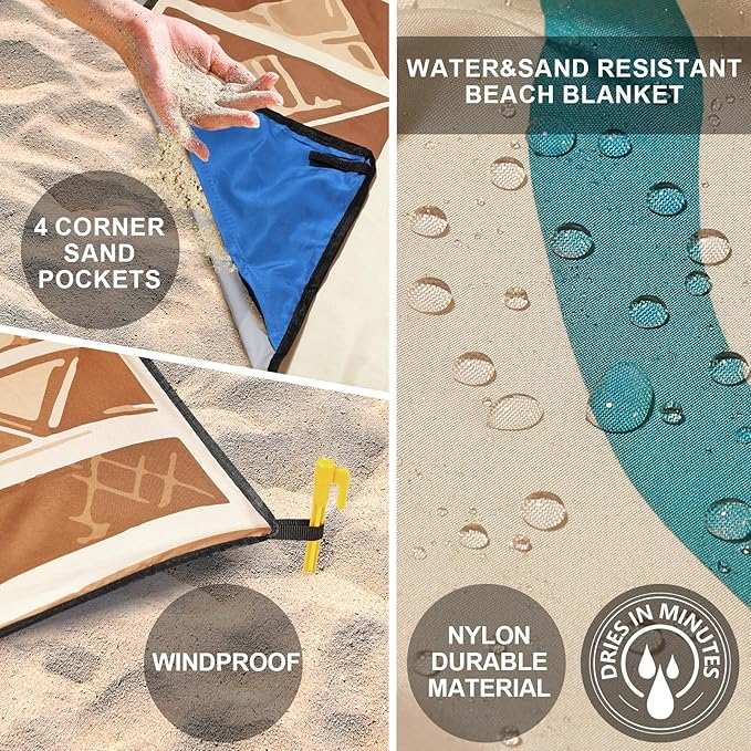 Beach Blanket Waterproof Sandproof Beach Mat 79" X 83"/10'x9'for 2-8 Adults Quick Drying Outdoor