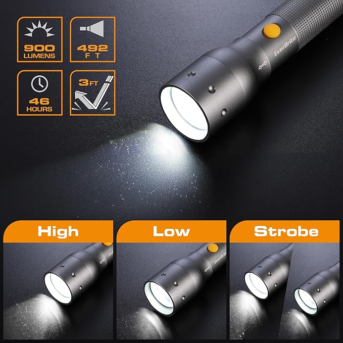 EverBrite Ultra Bright Tactical Flashlight, 900 Lumen Zoomable Adjustable Focus, 3 Light Modes