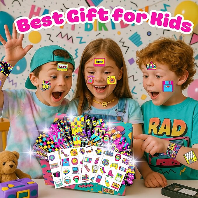 72PCS 90s & 80s Party Favors - 48PCS Pre-Cut Tattoos & 24PCS Slap Bracelets, Retro 90s Birthday
