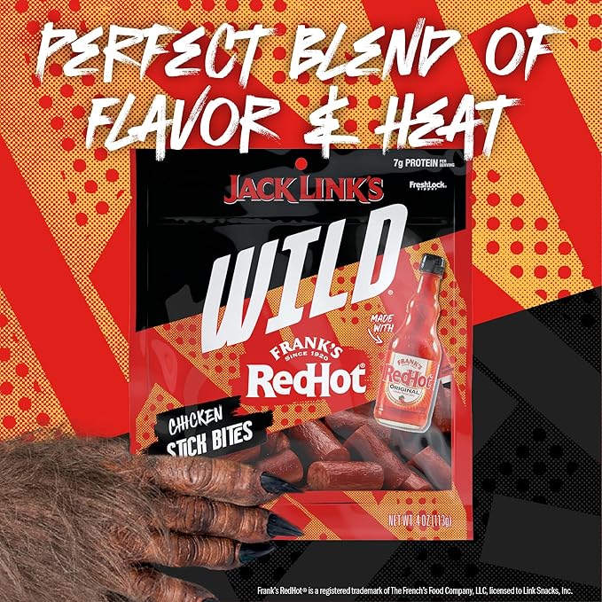 Jack Link's Wild Chicken Stick Bites Made with Frank's RedHot Flavor, Mini Meat Sticks, Shareable