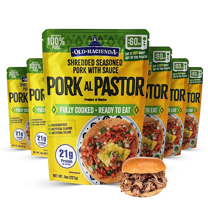 Old Hacienda Pork al Pastor | 100% Shredded Seasoned Pork with Sauce | Fully Cooked & Ready to Eat