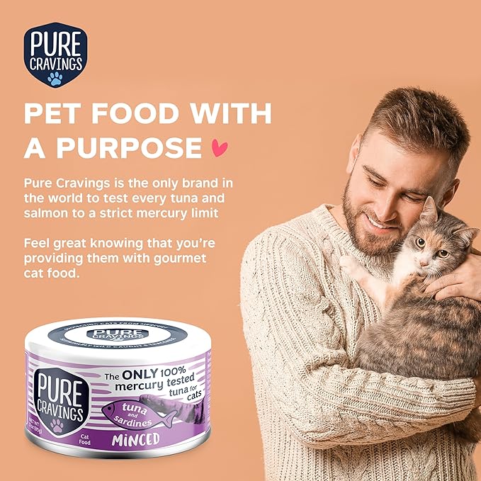 Pure Cravings Minced Tuna and Sardines Wet Canned Cat Food, 100% Mercury-Tested, Moist Can Fish for