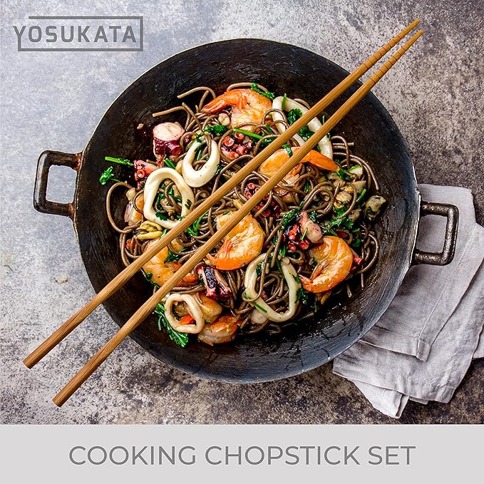 YOSUKATA Reusable Natural Wooden Long Cooking Chopsticks Set of 3 pairs: 11.8 inch, 13-inch, 14.2