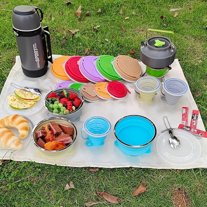 Mess Kit for Camping Silicone Collapsible Bowl Collapsible Cup and Stainless Steel Spoon for