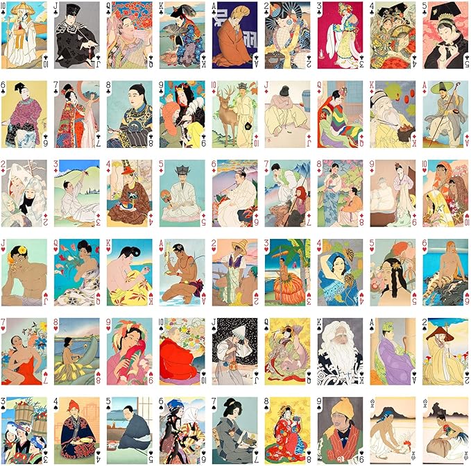 Vintage Japan Playing Cards (Poker Deck 54 Cards All Different) Vintage Japan Engraving Watercolor