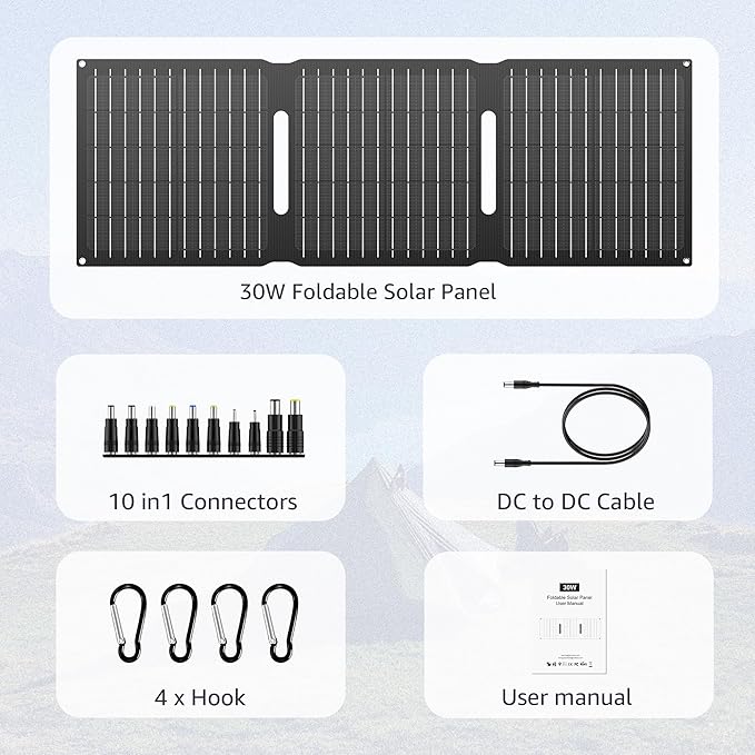 Portable Solar Panel Charger 30W, Foldable Solar Panel Kit with DC/USB C/USB A Output for Power