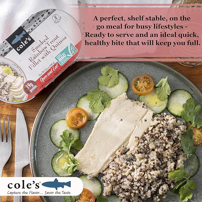COLE?™S - Smoked Rainbow Trout Fillet with Quinoa | Open & Ready to Eat Meal | 5.6 oz Canned &