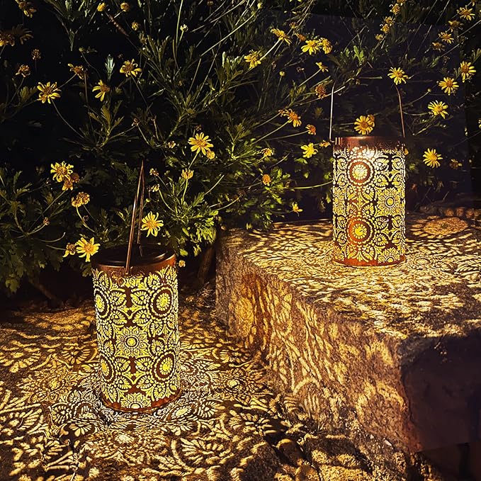 Solar Lanterns Outdoor Hanging Lantern Lights,Sunflower Metal Decor Lanterns-Waterproof LED