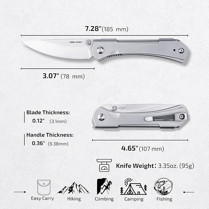 REALSTEEL SYLPH Folding Pocket Knife, Liner Lock, 3.07" Nitro-V Steel Satin Plain Blade, Thumb
