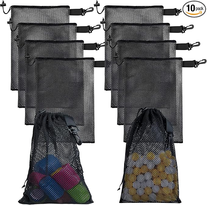 10 PCS With Clips Mesh Drawstring Bags, Portable Nylon Storage Bags for toy,Sports Storage,Outdoor