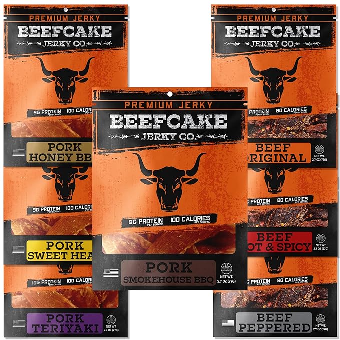 Beefcake Jerky Ultimate Flavor Sampler (7-Pack) - Gourmet Beef Jerky Variety, 9g Protein, 80-100