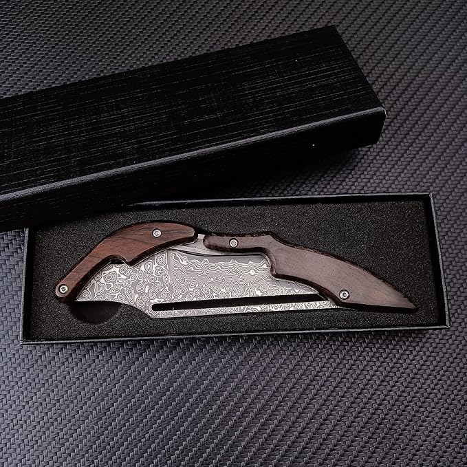 HUAAO Damascus Folding Knife, Yellow Sandalwood Handle with Mechanical Lock, Tactical Pocket Knife