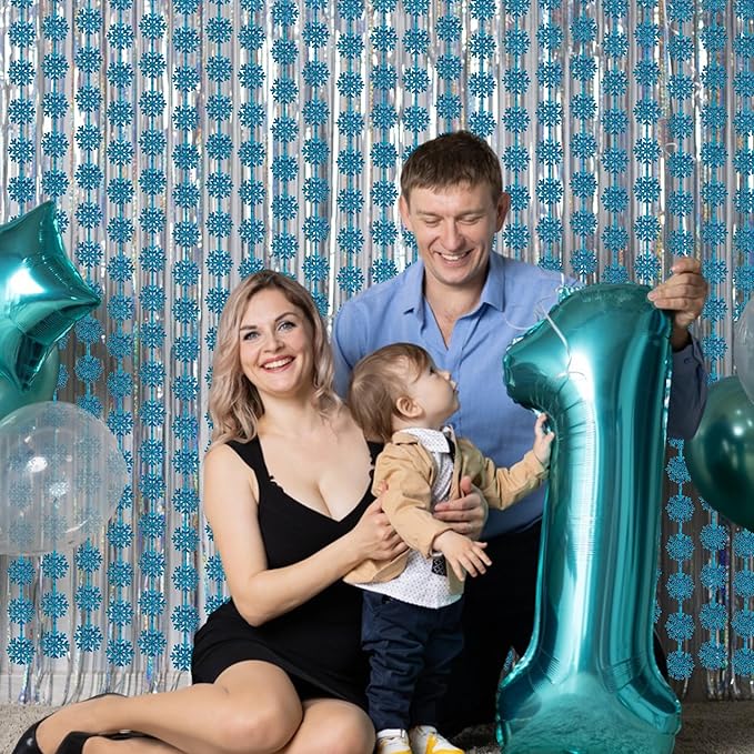 BRAVESHINE Blue Party Snowflake Backdrop - 2 Pack Hanging Foil Fringe Snow Flakes Party Streamers