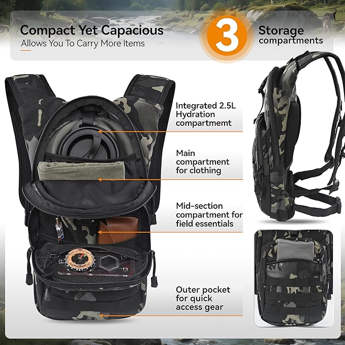 MARCHWAY Tactical Molle Hydration Pack with 2.5L TPU Water Bladder, Low-Profile Organized Military