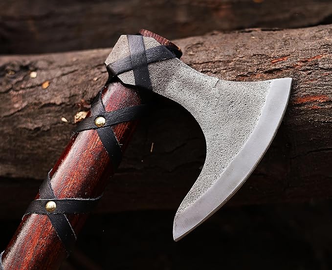WAZIR Crafts Viking Axe | 17″ Hand-Forged Carbon Steel Tomahawk with Rosewood Handle & Leather