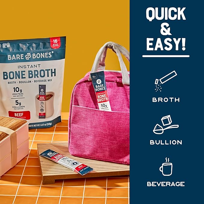 Bare Bones Bone Broth Instant Powdered Beverage Mix, Chicken & Beef, Variety Pack of 8, 4 Chicken &