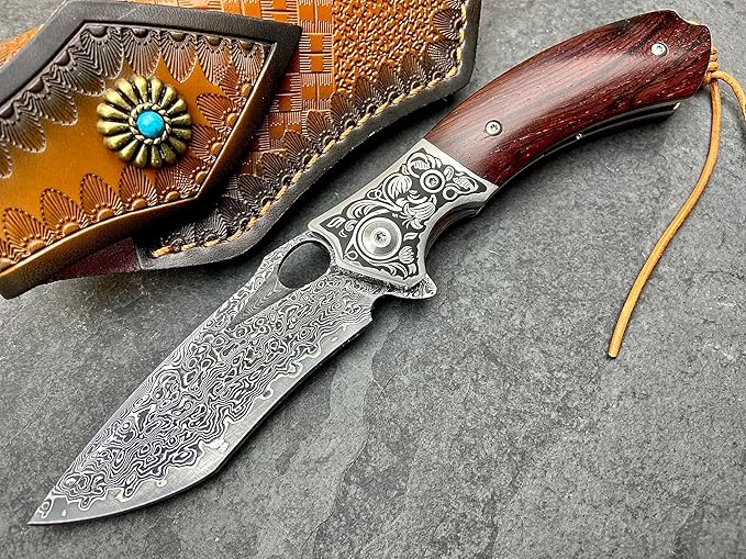 TACTICAL GEARZ Damascus Pocket Folding Knife, Natural Rosewood Handle, Damascus Steel Blade
