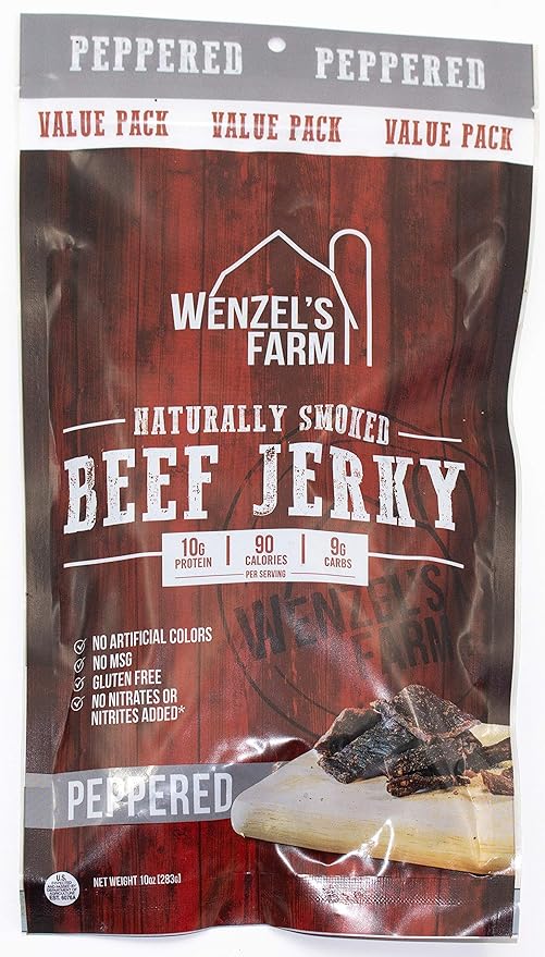 Wenzel's Farm Peppered Beef Jerky 10 oz. | Value Pack | Naturally Smoked | No MSG, Fillers