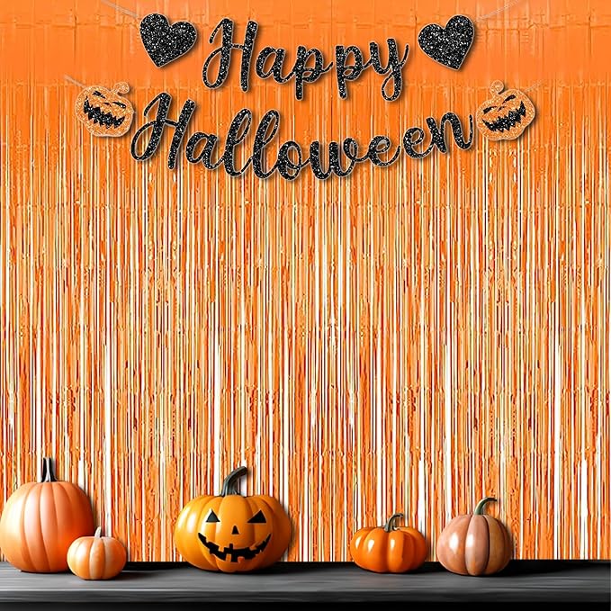 Foil Fringe Curtains Halloweens Decorations - Orange Tinsel Photo Backdrop Party Streamers for St