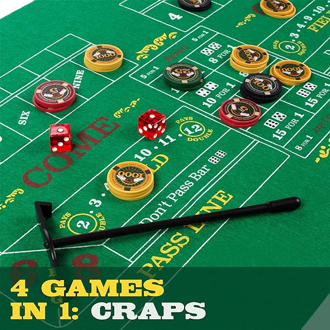 Brybelly Casino Night 4-in-1 Complete Game Set with Felts, Wheel, 100 Chips, Dice & Cards for