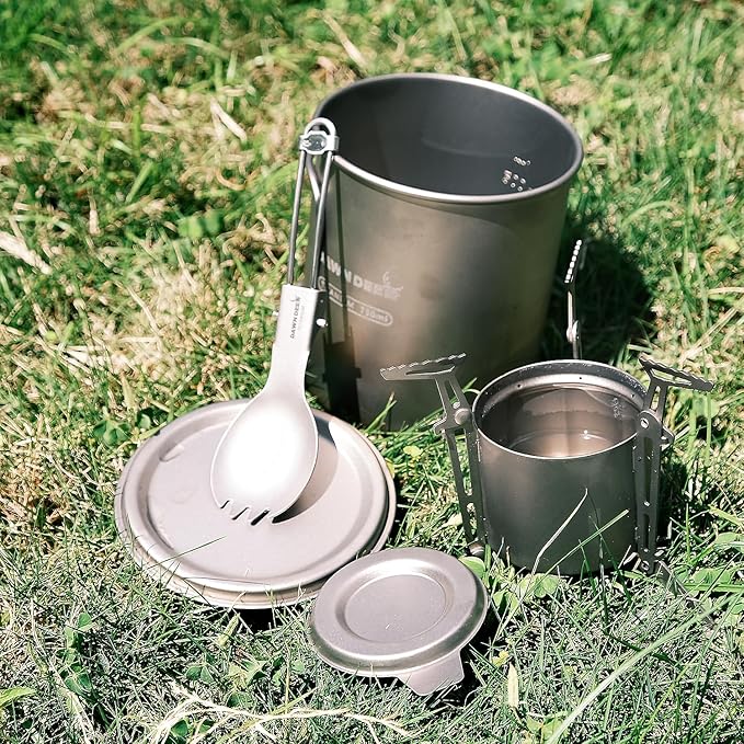 Titanium Backpacking Stove System, Cup/Portable Alcohol Stove/Foldable Spork -750ml Camping Combo