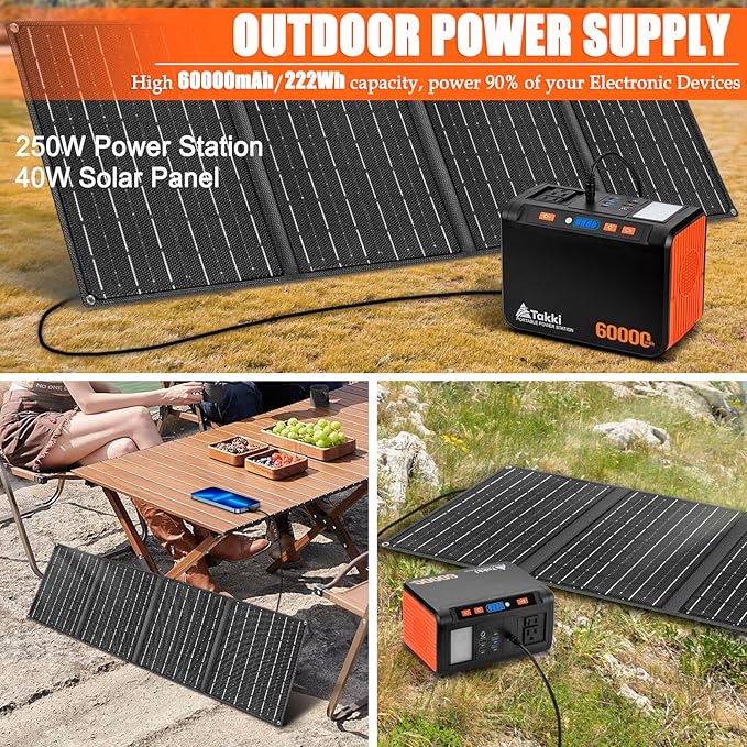Takki Solar Generator 250W Portable Power Station with 40W Solar Panels 222Wh Pure Sine Wave
