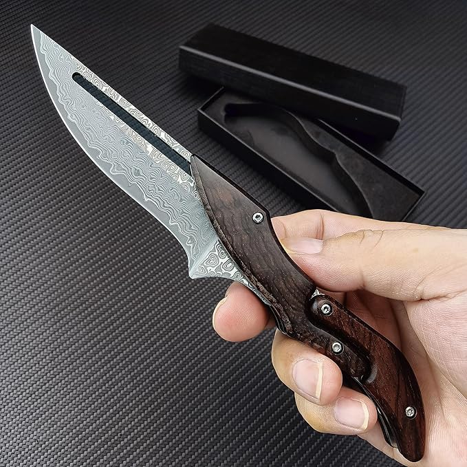 HUAAO Damascus Folding Knife, Yellow Sandalwood Handle with Mechanical Lock, Tactical Pocket Knife