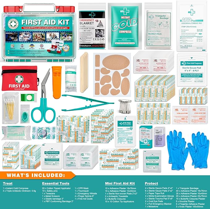 General Medi 295 Pieces Professional First Aid Kit - HardCase First Aid Box - Contains Premium