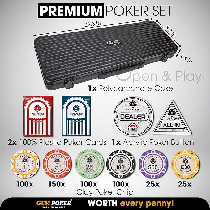 Luna 14 Gram Clay Poker Chips Set for Texas Hold’em, 500PCS Numbered Chips, Features a High-end