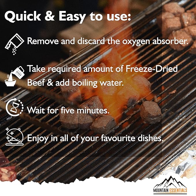 MOUNTAIN ESSENTIALS Freeze-Dried Diced Beef ??Fully Cooked Meat | Pre-Cooked | 240g High Protein