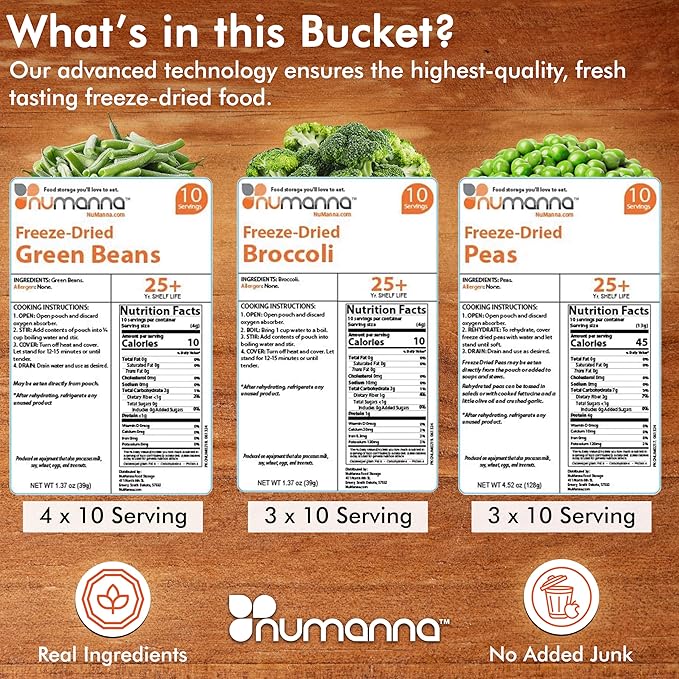 NuManna Triple Pack Freeze-Dried 3 Vegetables Buckets 300 Servings Contains Peas, Green Beans &