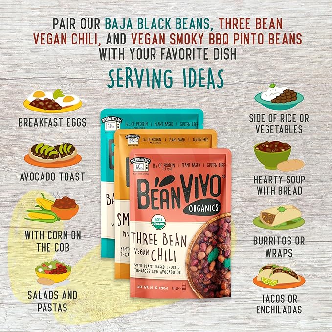 BeanVIVO - Variety 3 Pack (10 oz each) - Organic Baja Black Beans, Three Bean Vegan Chili, BBQ