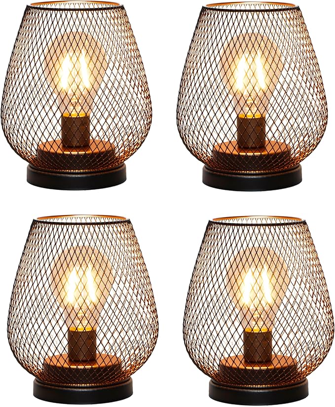 TRIROCKS Set of 4 Battery Operated Lamp LED Table Lantern, Metal Cage Cordless Lamps with LED