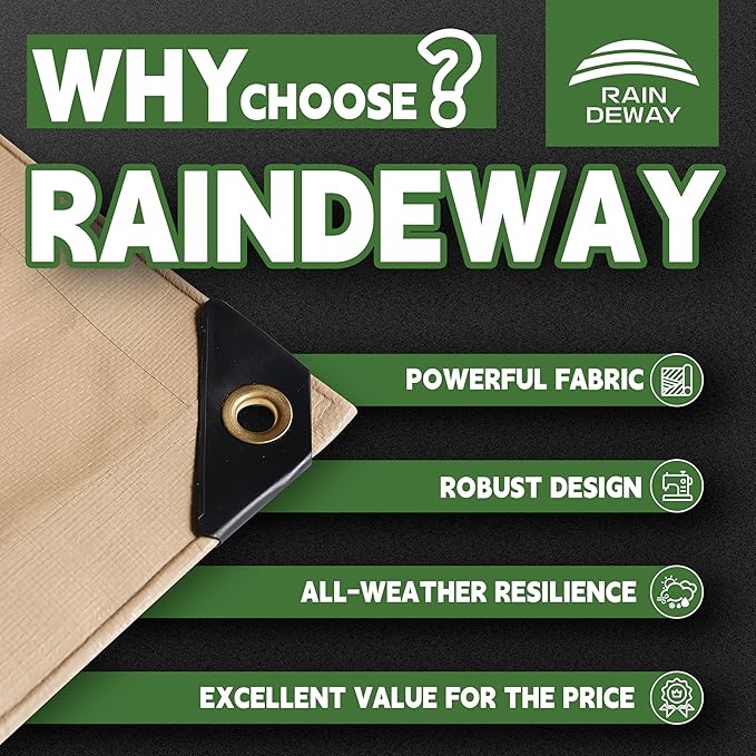 RAINDEWAY 15x30 Feet Heavy Duty Tarp,12 Mil Tan Waterproof Poly Tarp Cover,UV