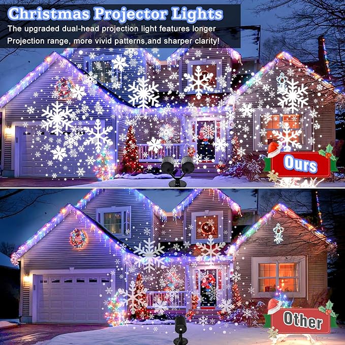Christmas Snowflake Projector Lights Outdoor Waterproof 2025 Upgraded Double Head Dynamic Rotating