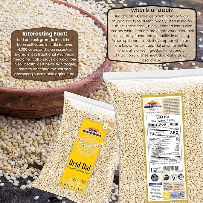 Rani Urid/Urad Dal (Split Matpe Beans Skinless) Indian Lentils 128oz (8lbs) 3.63kg Bulk ~ All