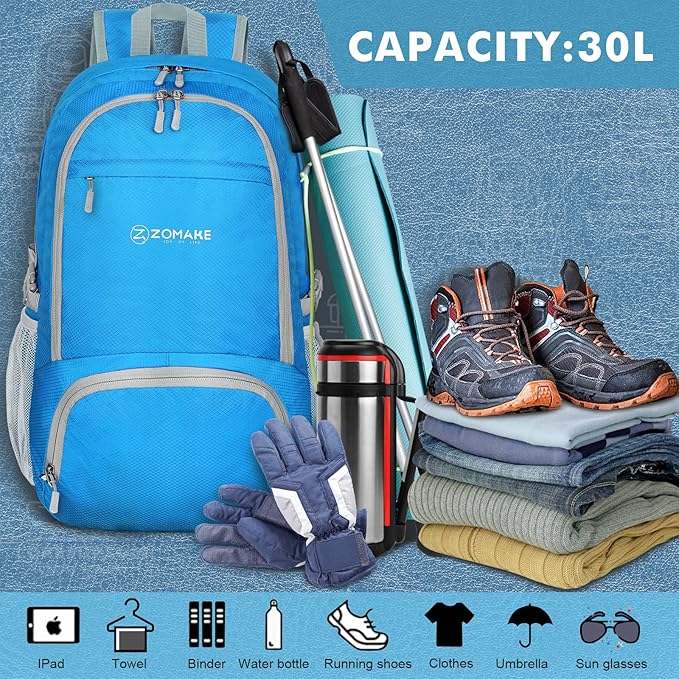 ZOMAKE Lightweight Packable Backpack 30L, Foldable Hiking Backpacks Water Resistant Compact Folding